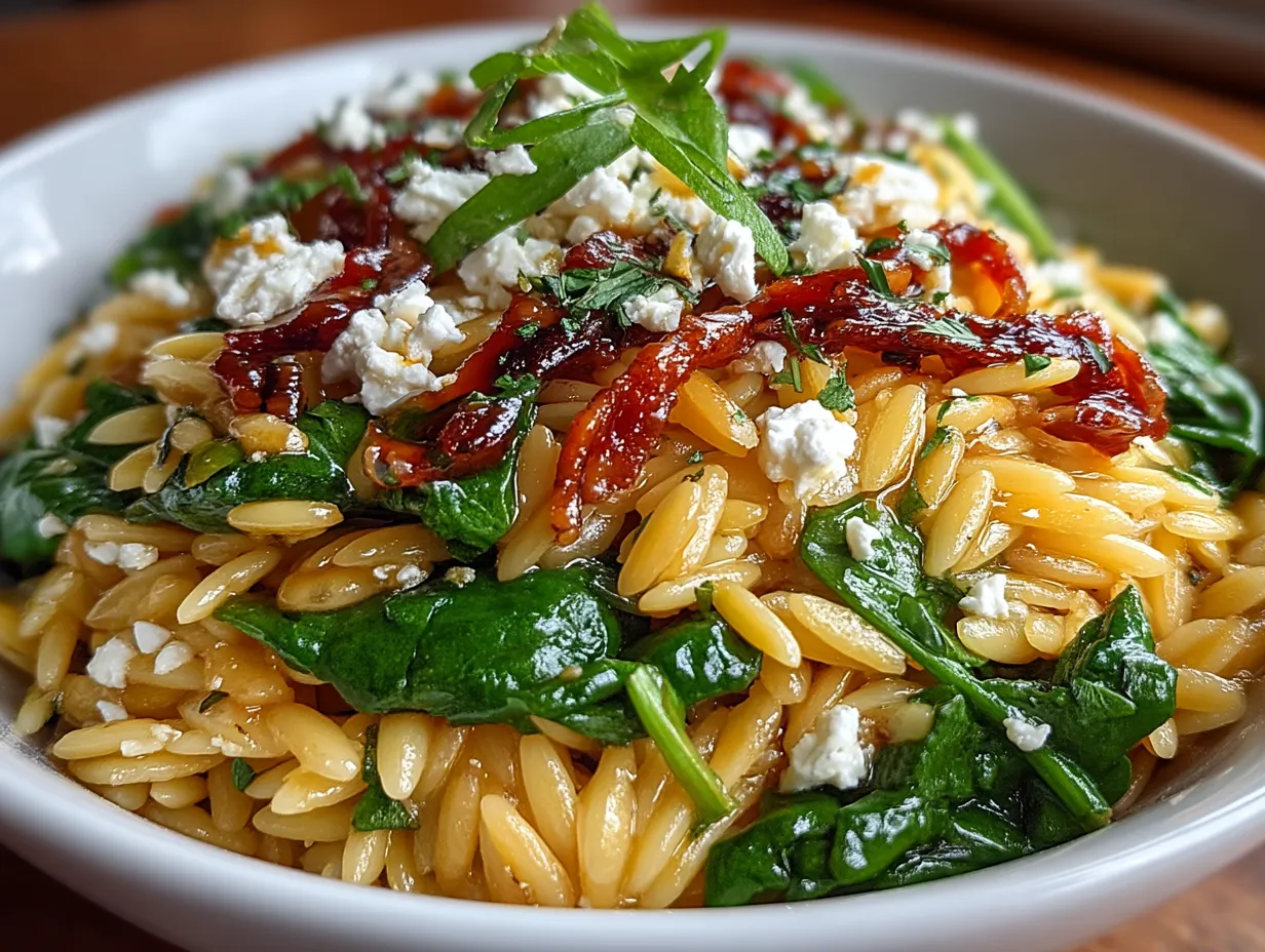 Served 20-minute Balsamic Orzo Salad with Spinach and Feta in a bowl ready to eat
