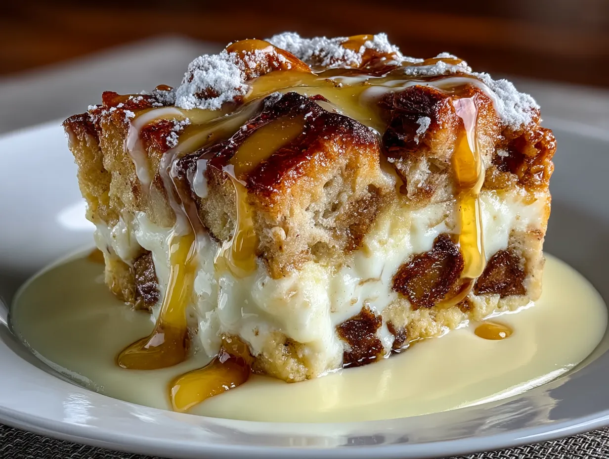 Serving Apple Pie Bread Pudding with Rich Vanilla Custard