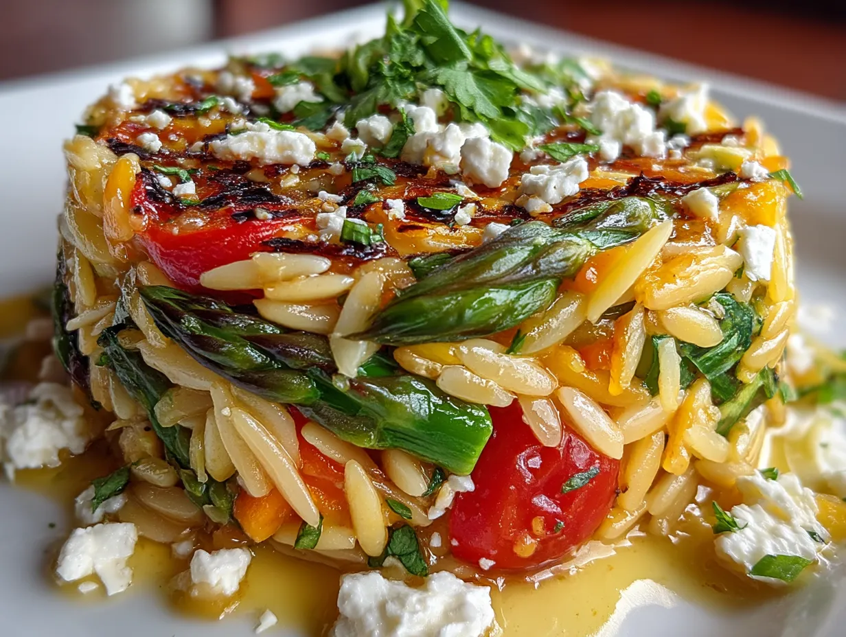 Served Asparagus and Orzo Salad with Feta Cheese