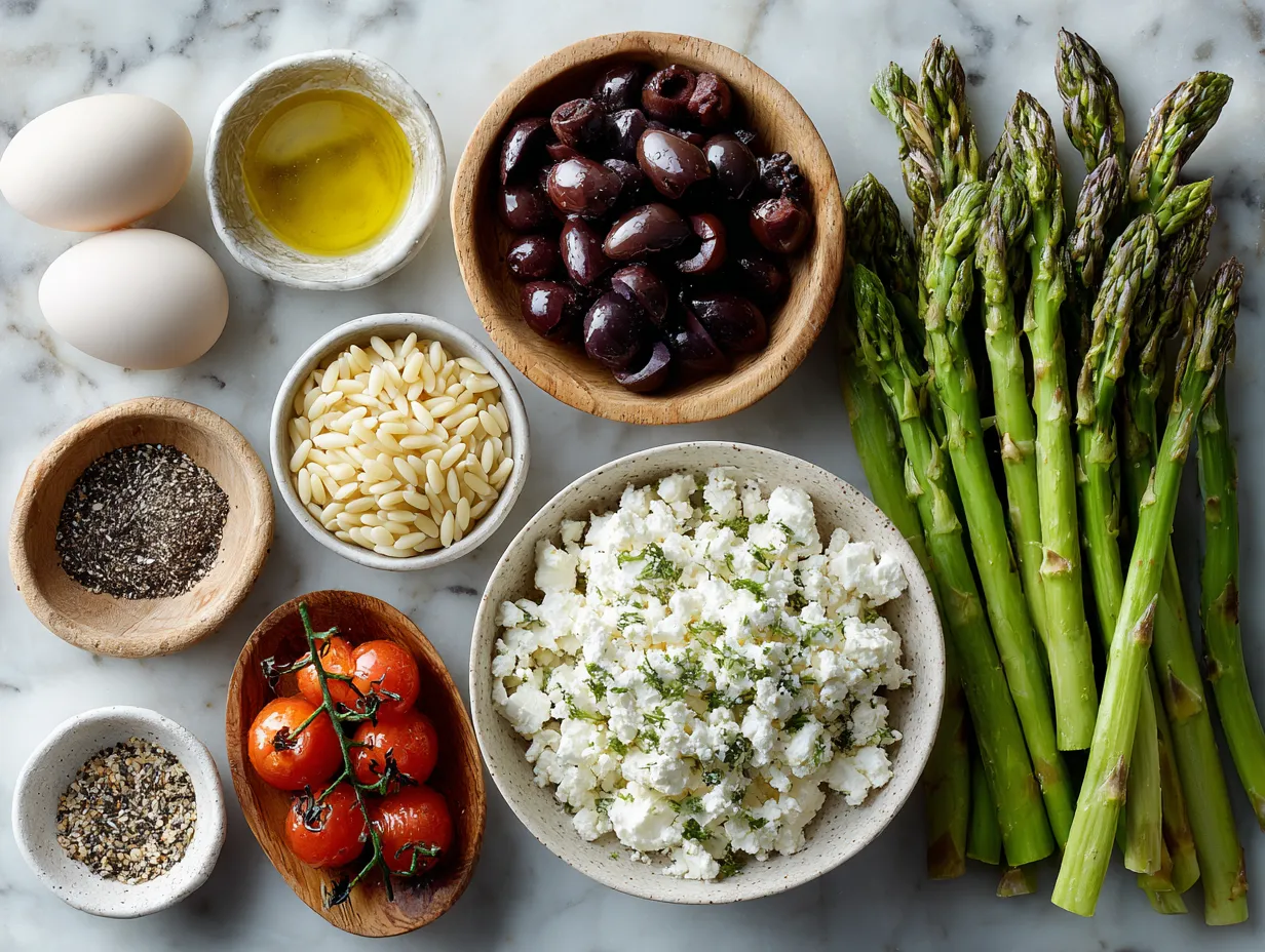 Ingredients for Asparagus and Orzo Salad with Feta Cheese