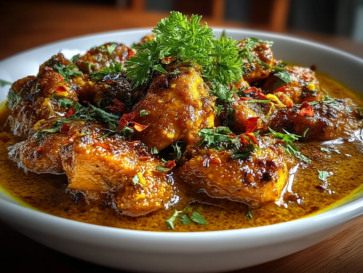 Plated authentic chicken masala curry served with basmati rice and naan bread