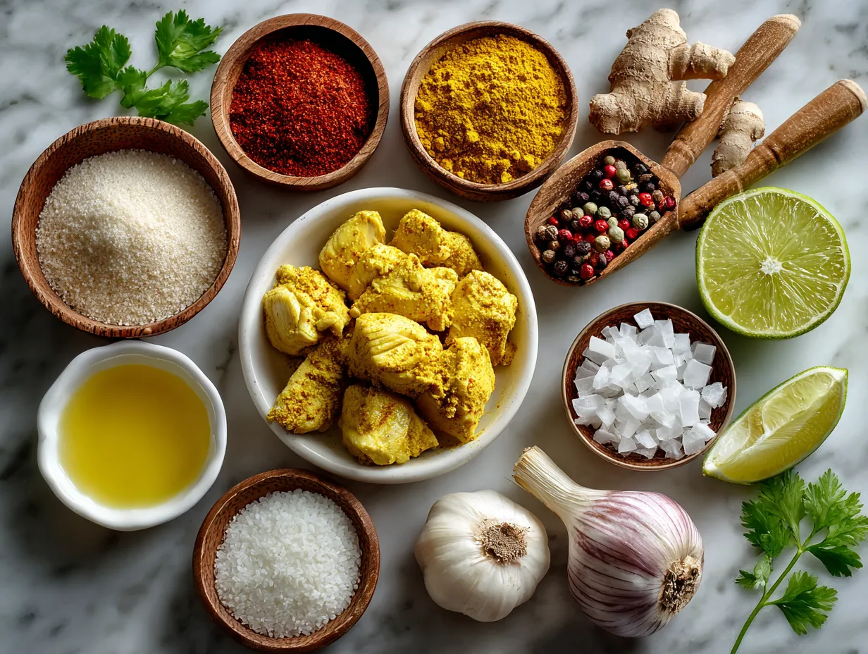 Ingredients for authentic chicken masala curry laid out on a kitchen table