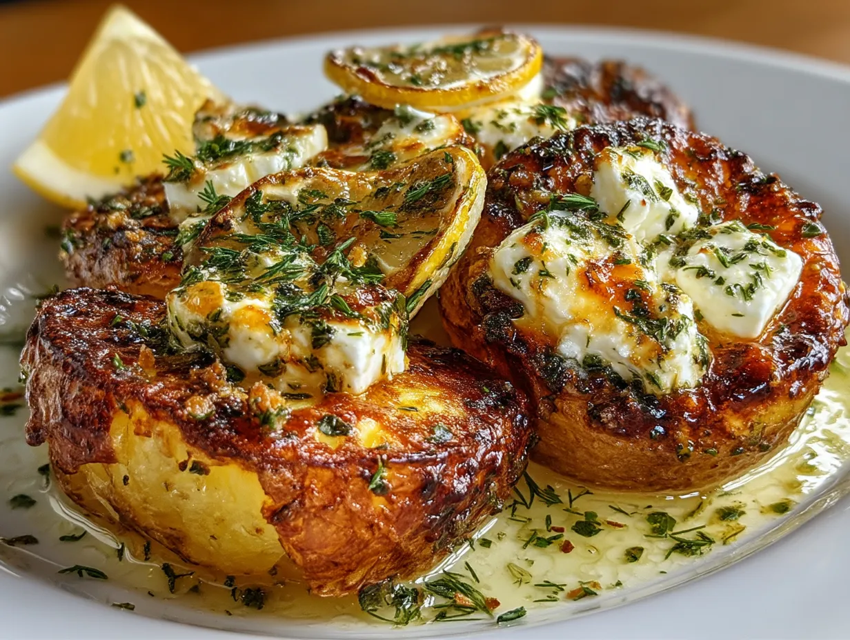 Serving suggestion of baked feta potatoes with fresh parsley garnish on a rustic platter