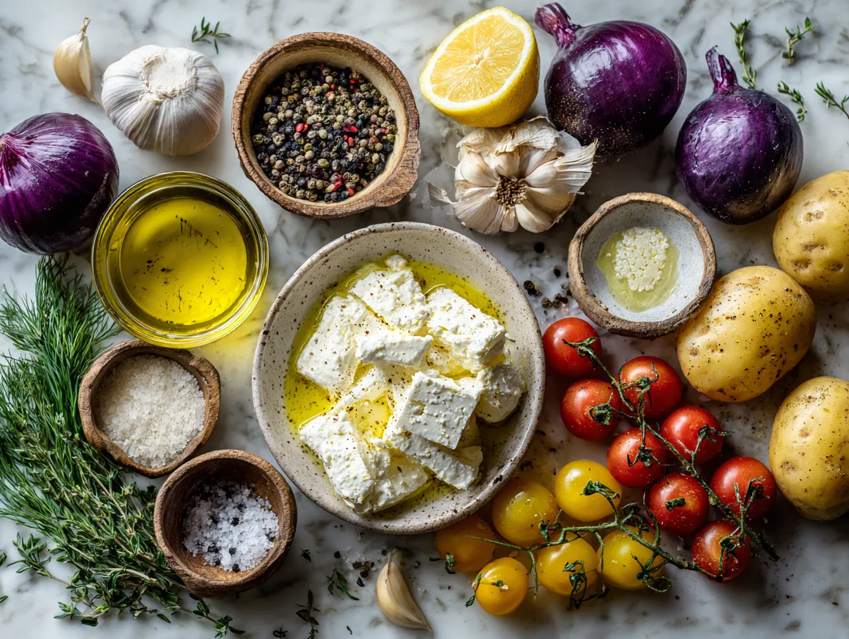 Ingredients for baked feta potatoes with zesty lemon including potatoes, feta cheese, lemon, garlic, and herbs