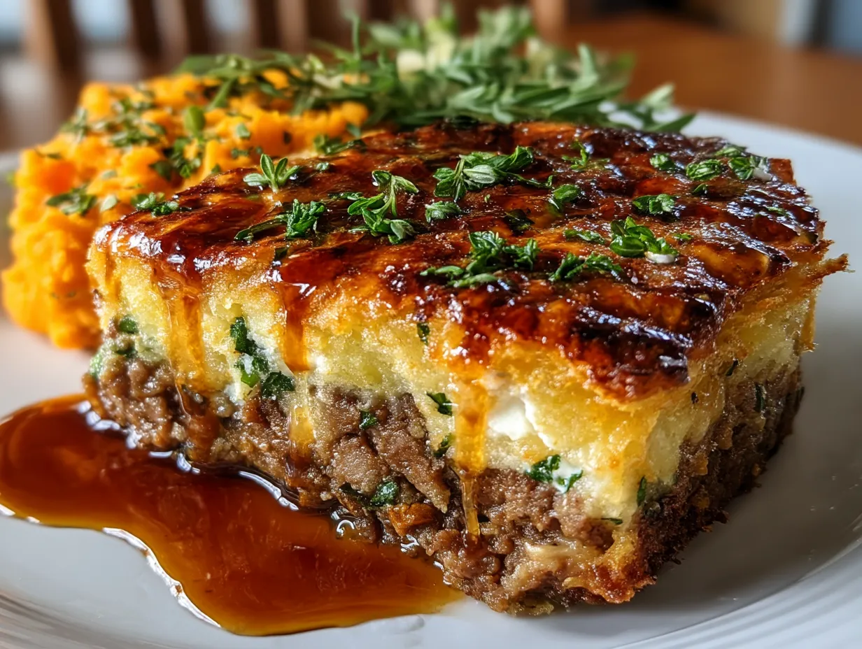 Served Beef Shepherd Pie with Sweet Potato Mash beautifully plated