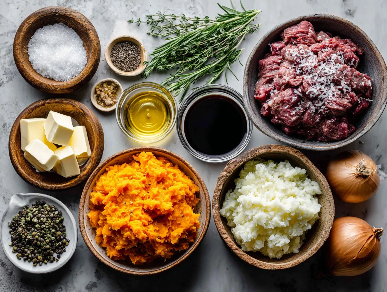 Ingredients arranged for Beef Shepherd Pie with Sweet Potato Mash