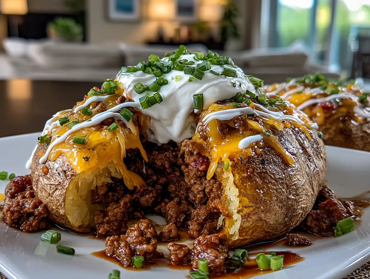 Beef Sloppy Joe Stuffed Baked Potatoes ready to serve on a rustic plate