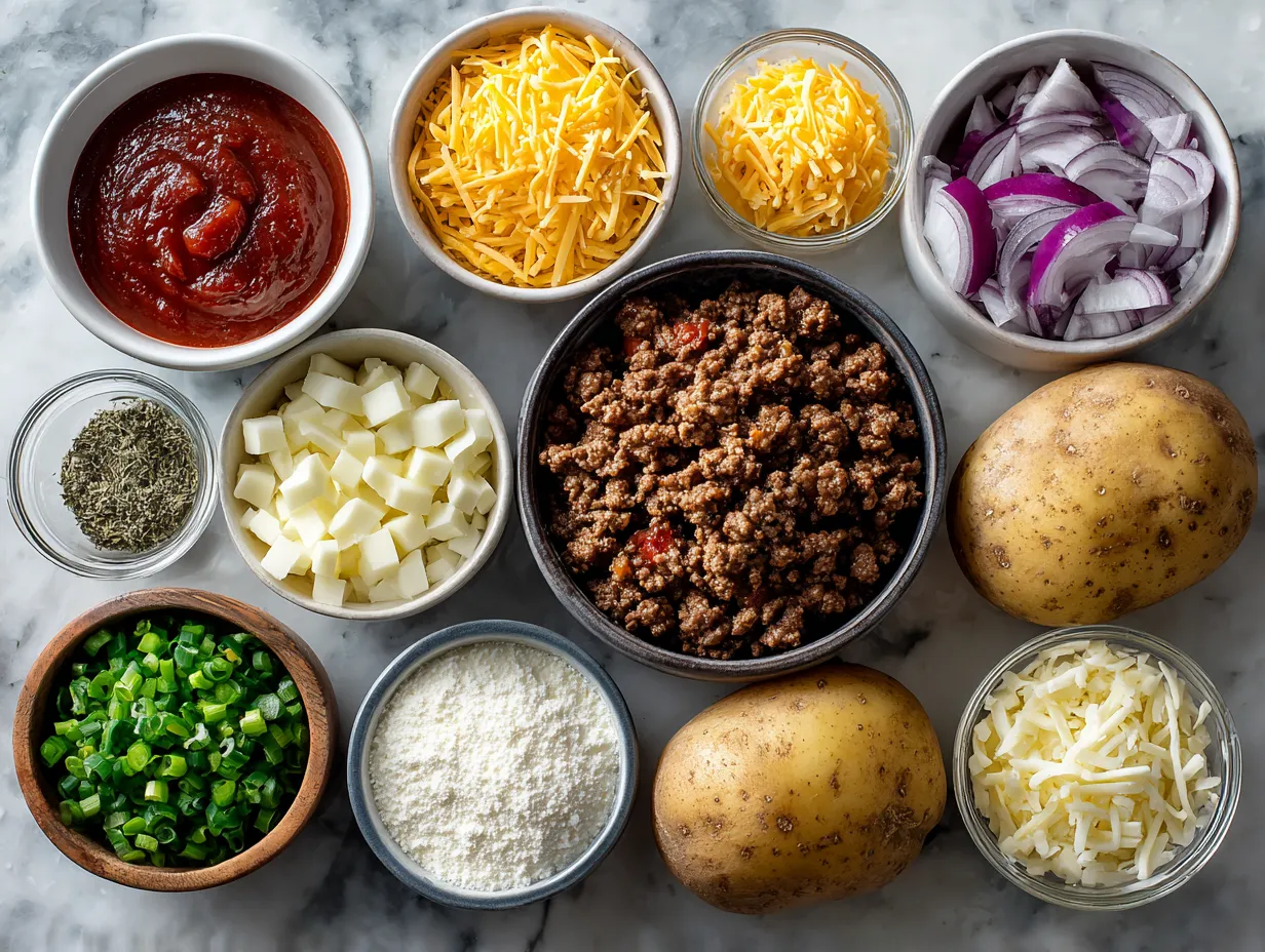 Ingredients for Beef Sloppy Joe Stuffed Baked Potatoes