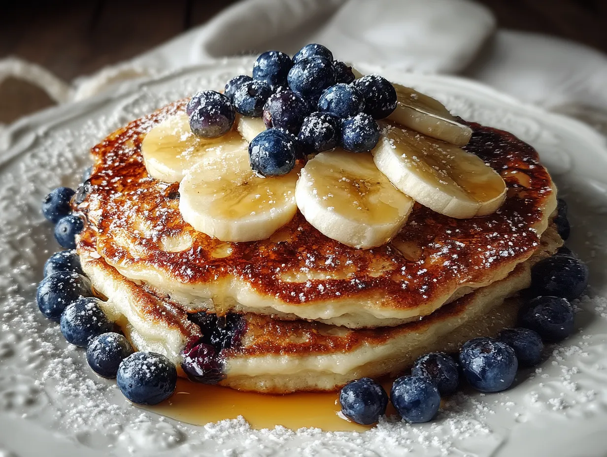 Stack of Blueberry Banana Protein Pancakes ready to be served