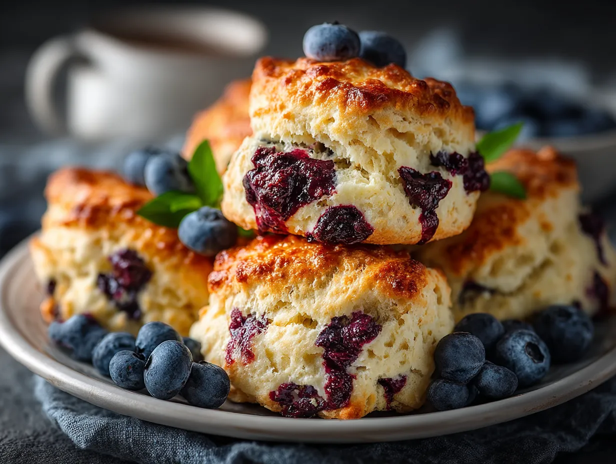 Plate of golden blueberry scones served with cream and lemon curd