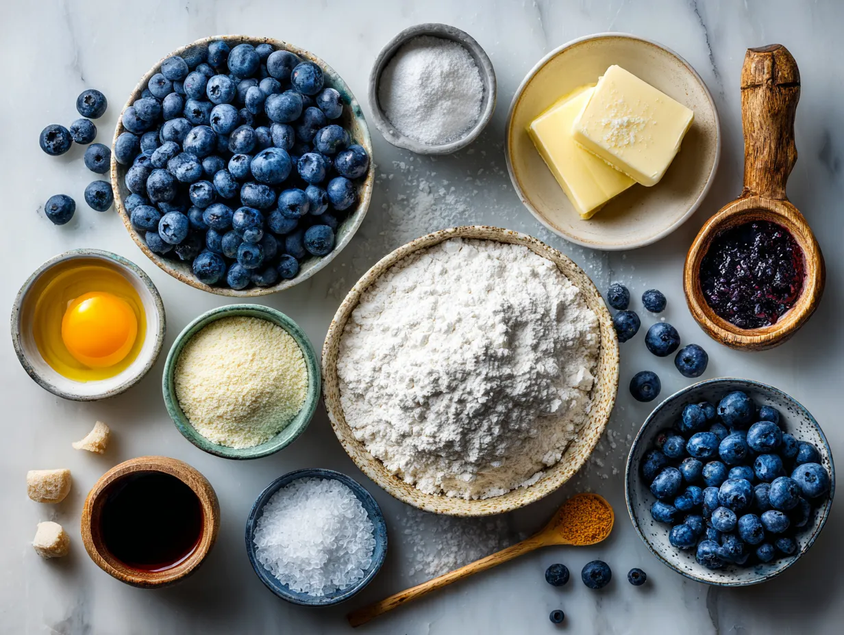 Ingredients for homemade blueberry scones laid out on a table