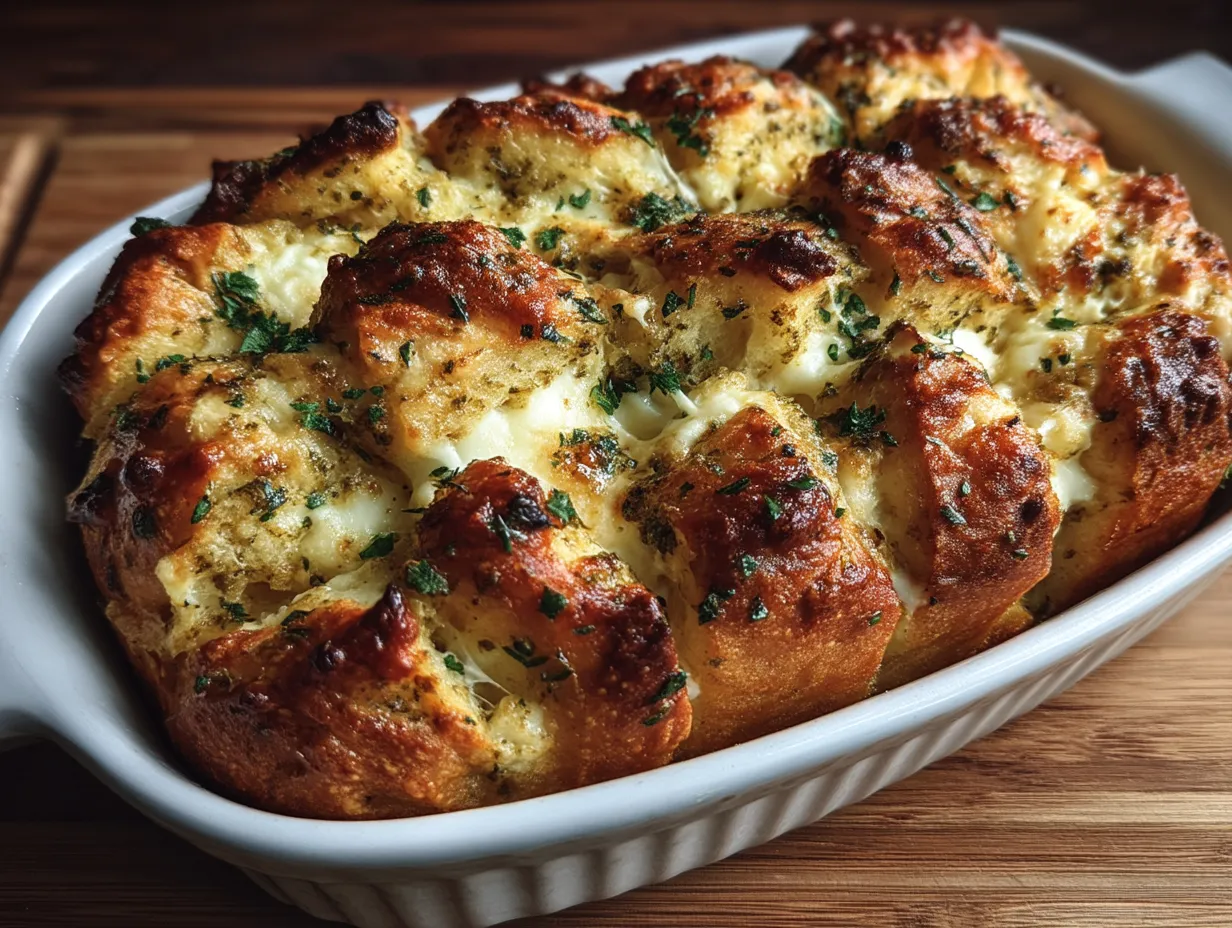 Cheesy Garlic Bread Pull-Apart Loaf with Mozzarella ready to serve