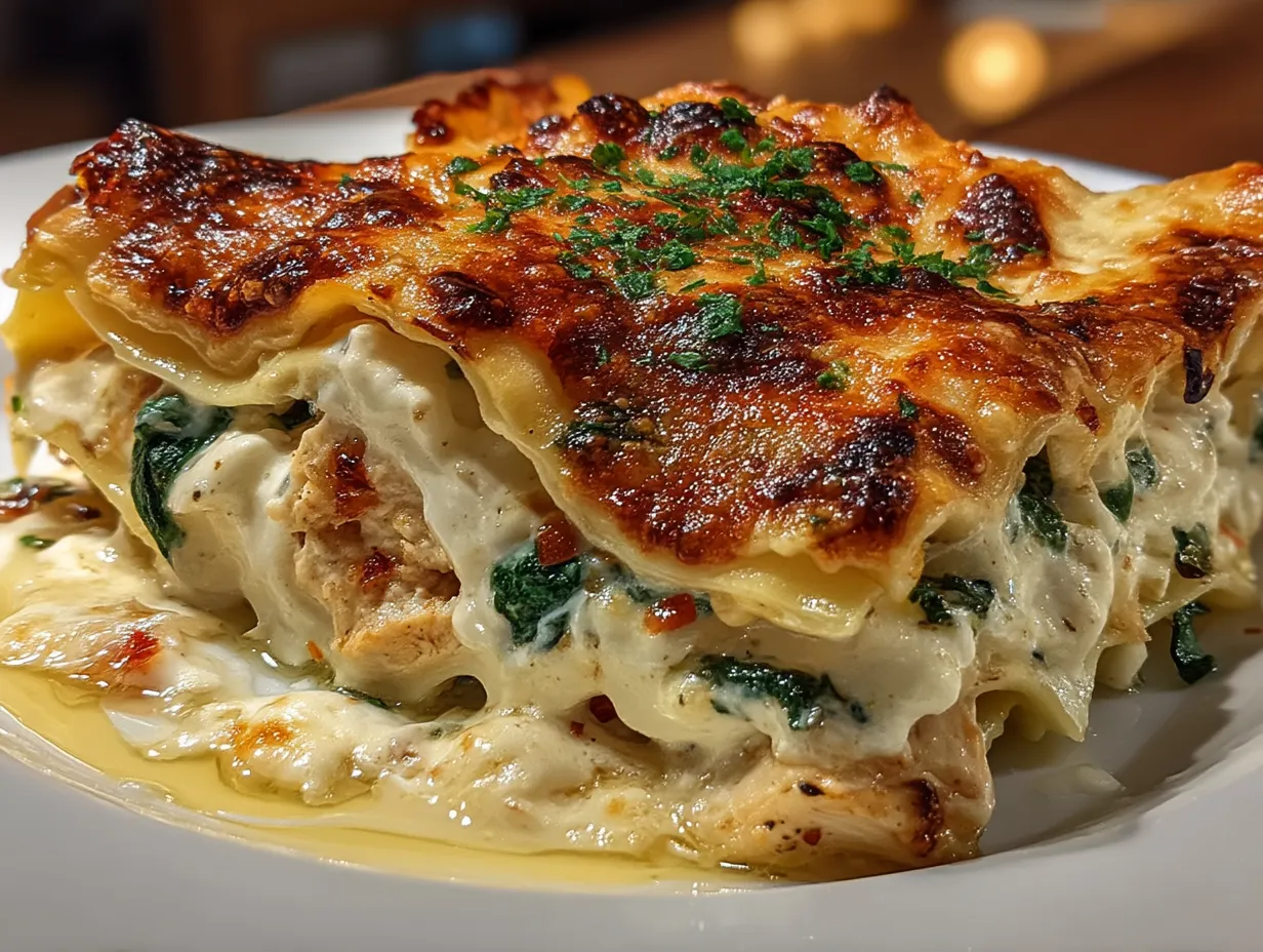 Serving Chicken Alfredo Lasagna with Spinach and Garlic