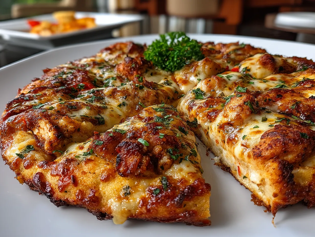Chicken crust pizza served on a wooden board with salad