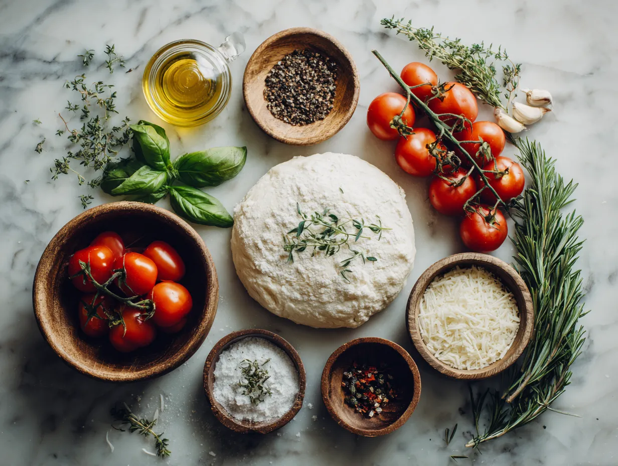 Ingredients laid out for chicken crust pizza