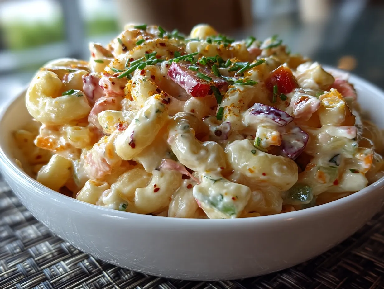 Classic Southern Macaroni Salad served in a bowl with fresh garnish