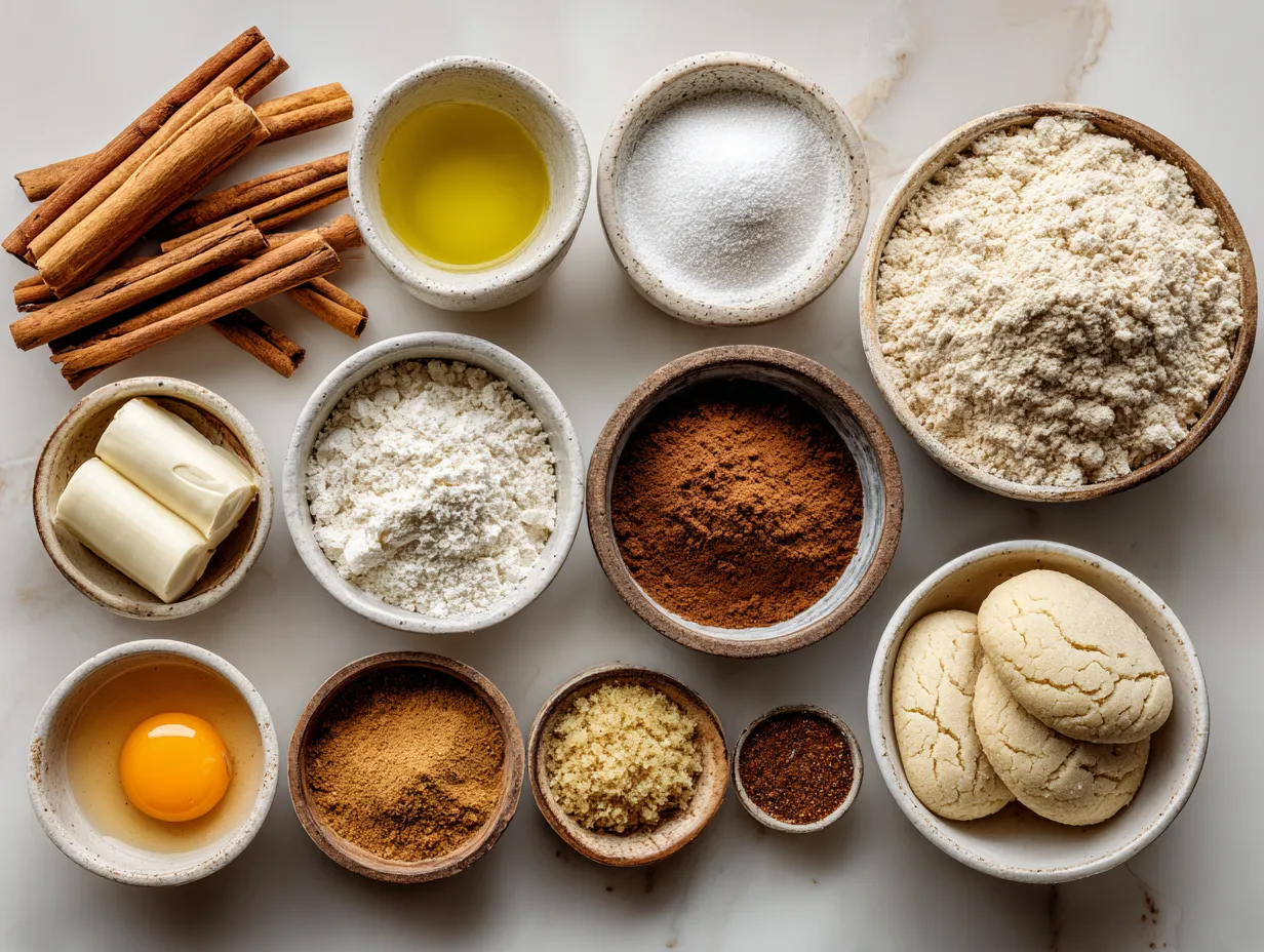 Ingredients laid out for Copycat Crumbl churro cookies including butter, sugar, flour, and cinnamon