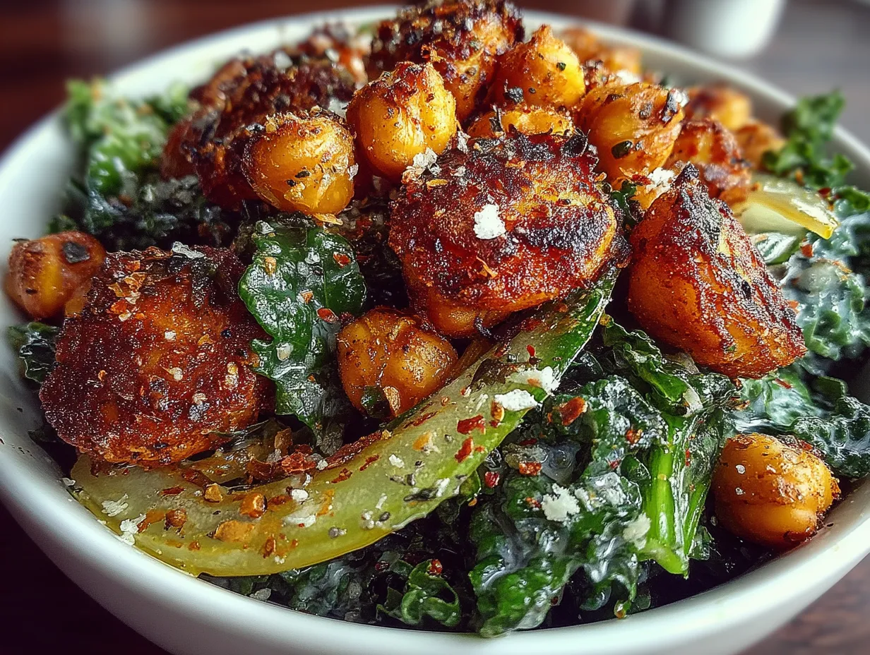 Served Crispy Roasted Chickpea and Kale Salad Bowl in a vibrant ceramic bowl