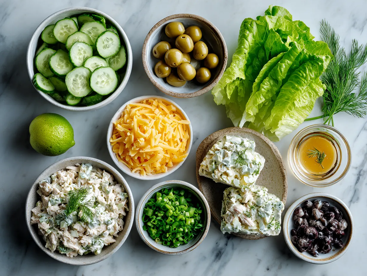 Ingredients for Dill Pickle Chicken Salad Wrap with Cheddar
