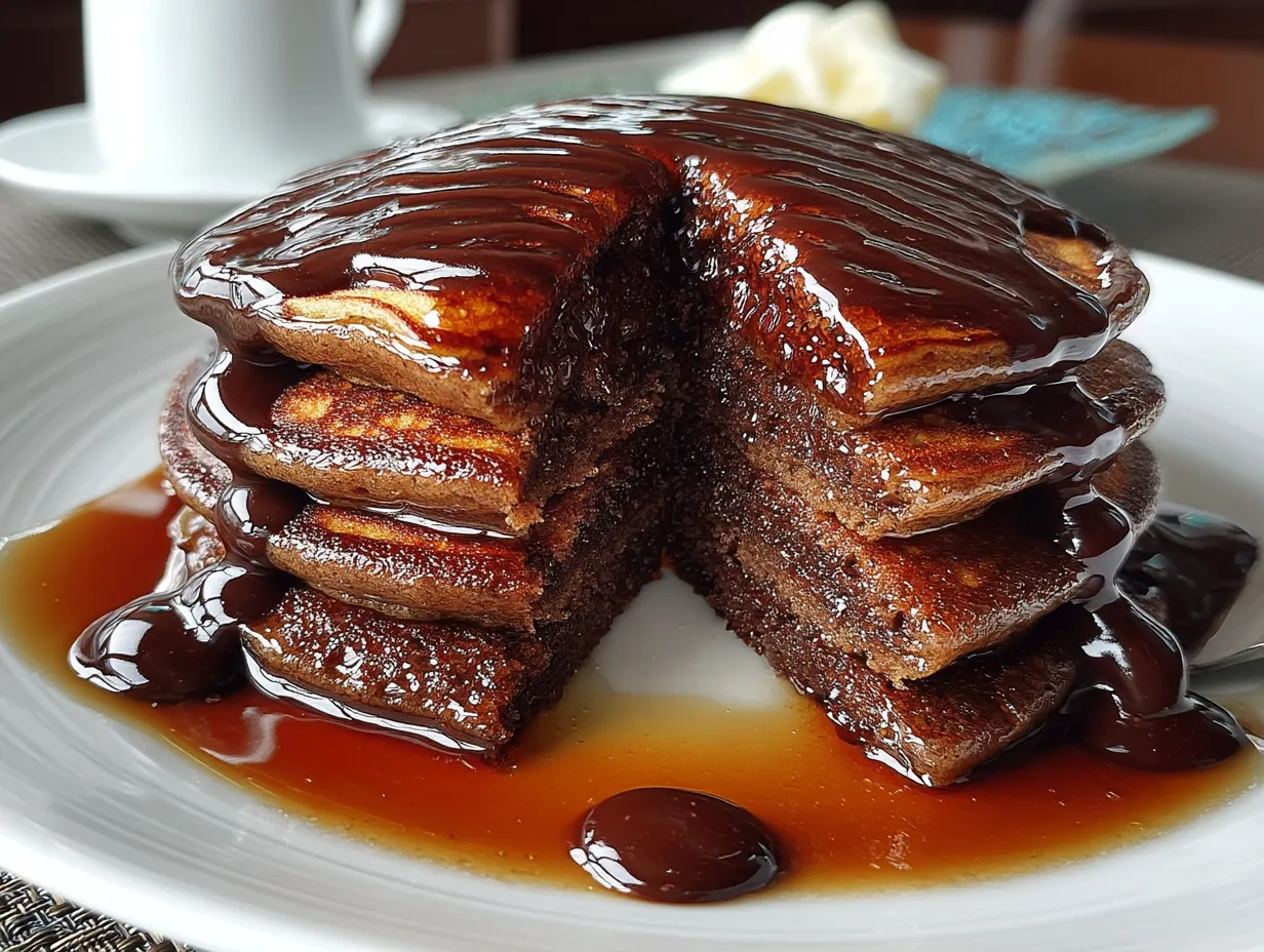 Stack of fluffy chocolate pancakes topped with fresh berries and syrup