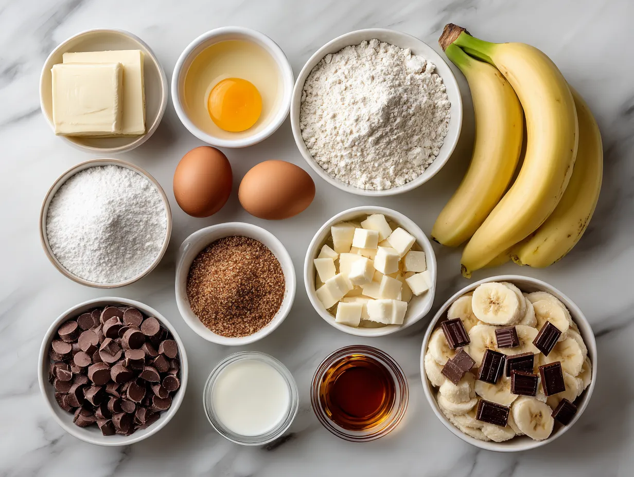 Ingredients for fluffy chocolate pancakes laid out with cocoa powder, flour, eggs, and buttermilk