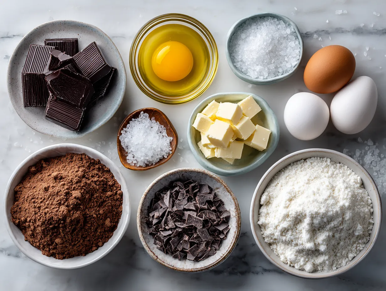 Ingredients for fudgy dark chocolate brownies with sea salt flakes