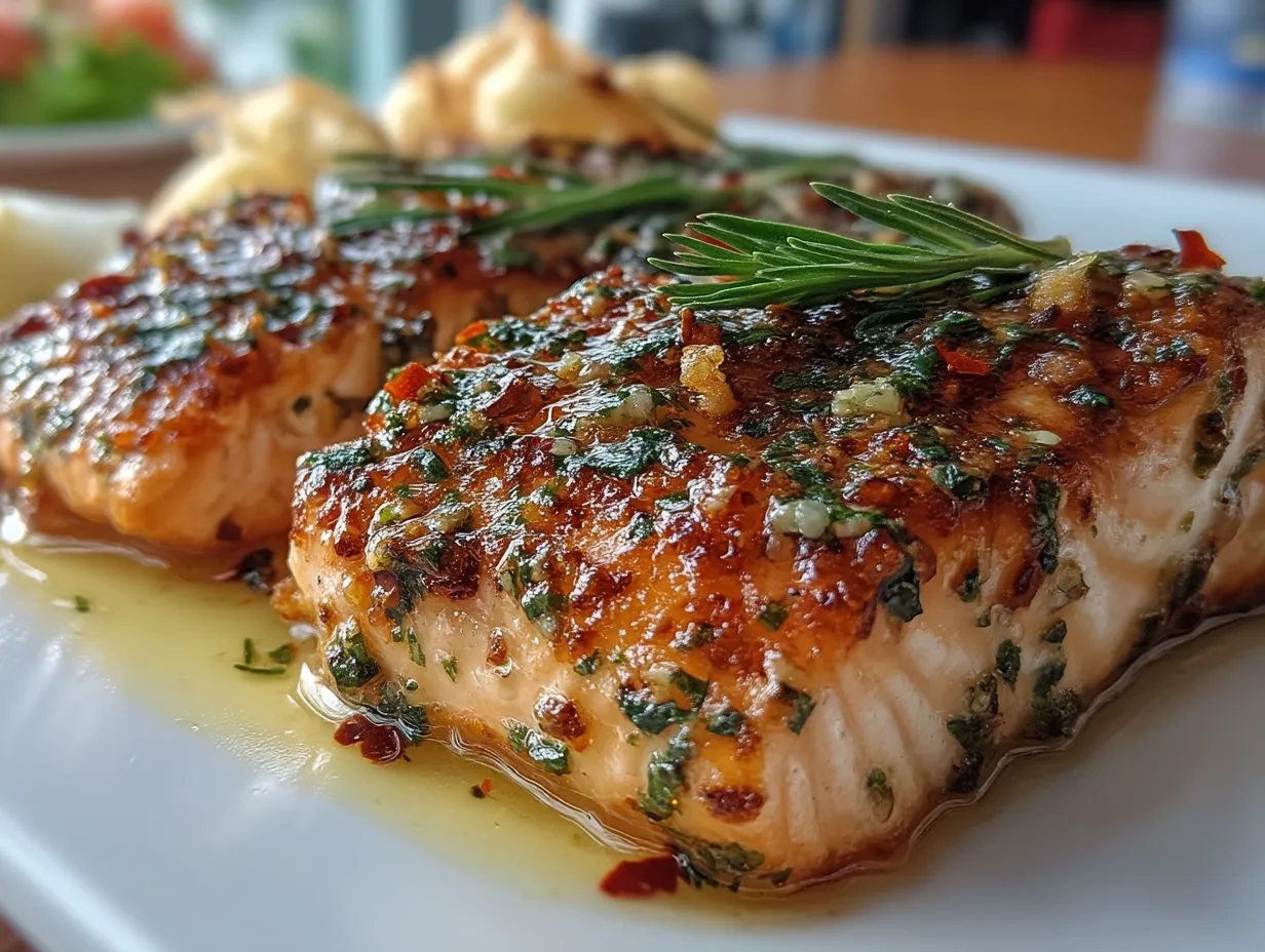 Garlic butter baked salmon served on a plate with lemon and fresh parsley