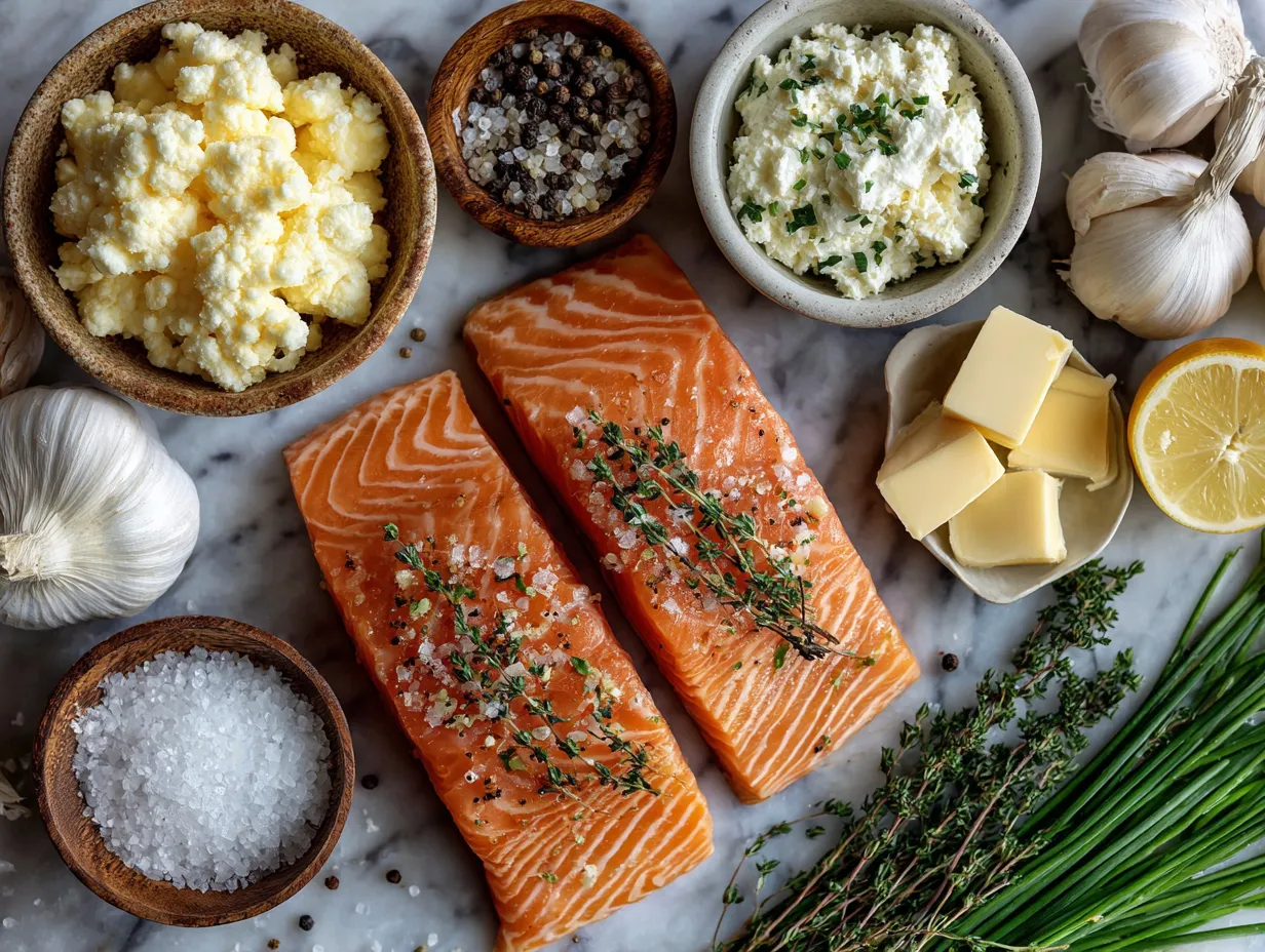 Ingredients for garlic butter baked salmon including salmon fillets, butter, garlic, lemon, parsley, and spices