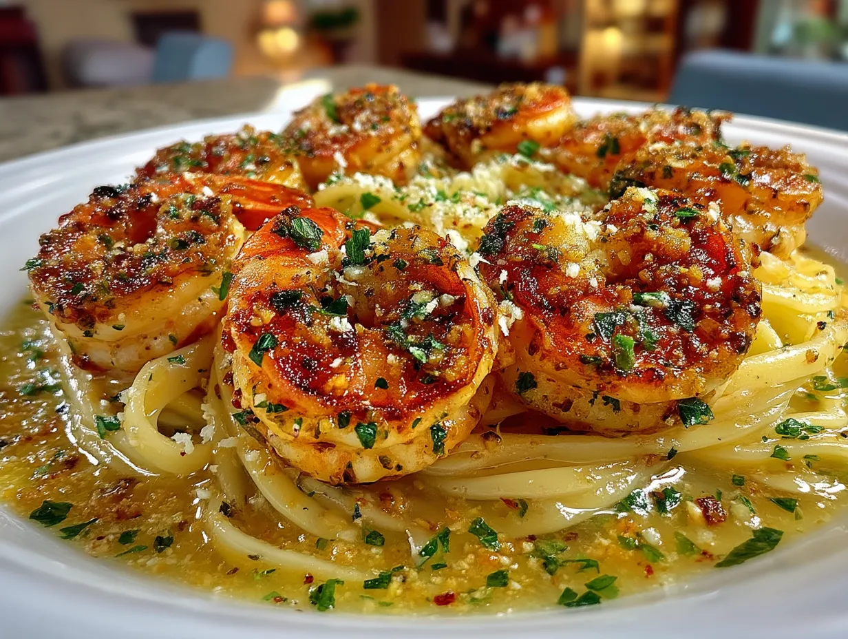 Garlic butter shrimp scampi with linguine pasta served on a plate