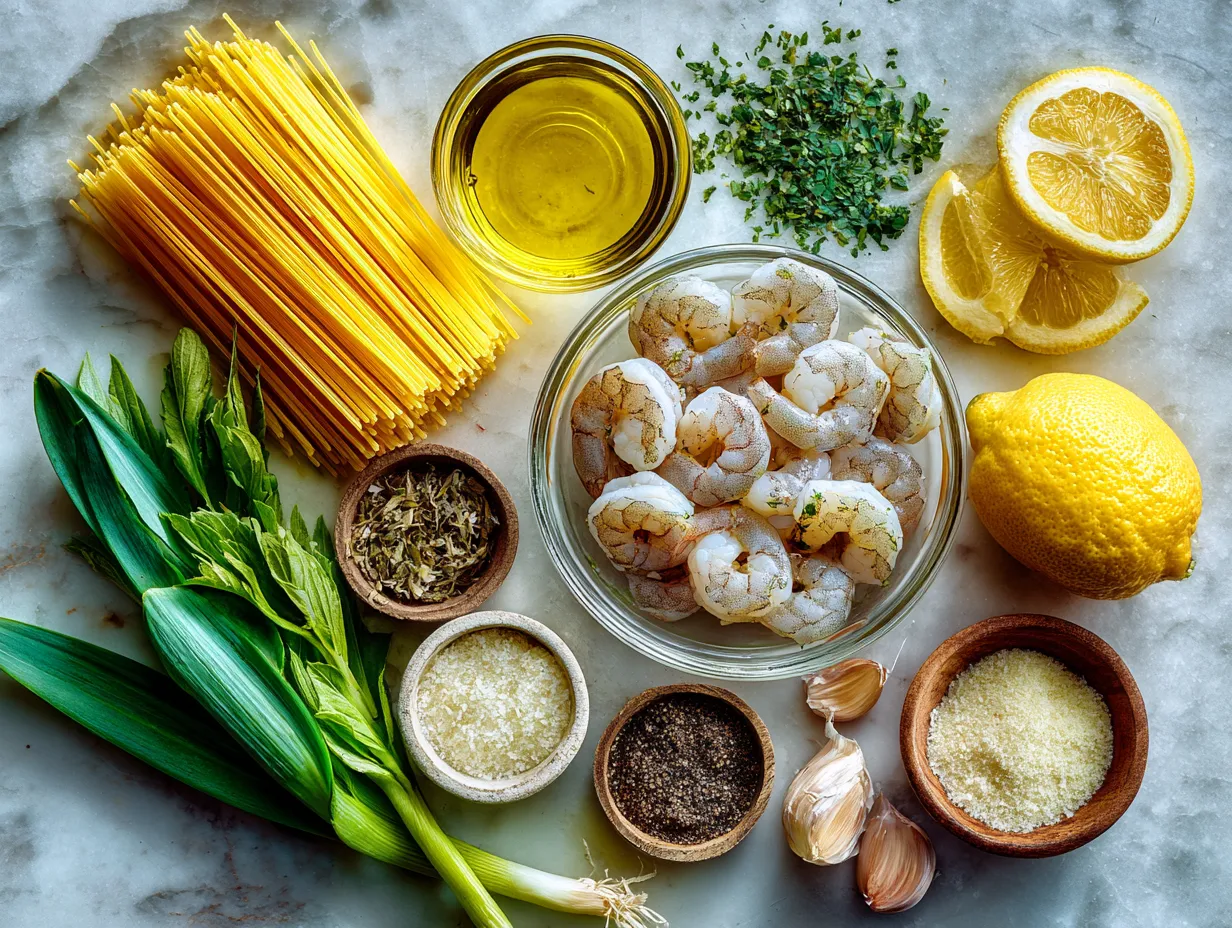 Ingredients for garlic butter shrimp scampi with linguine pasta