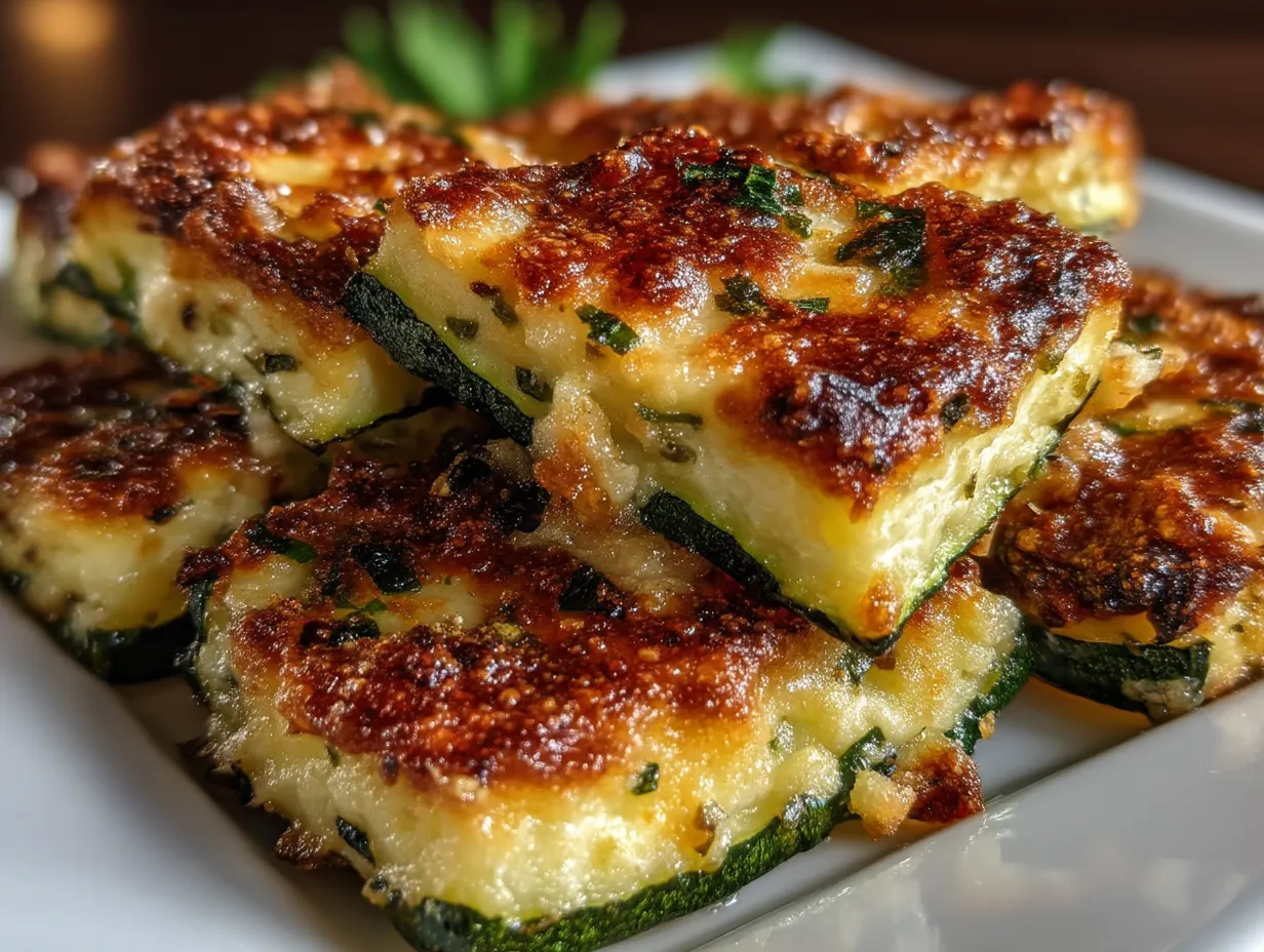 Serving Garlic Parmesan Baked Zucchini Slices garnished with fresh parsley on a warm platter