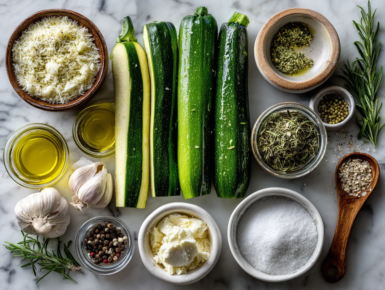 Ingredients for Garlic Parmesan Baked Zucchini Slices including zucchinis, Parmesan cheese, garlic, olive oil and herbs