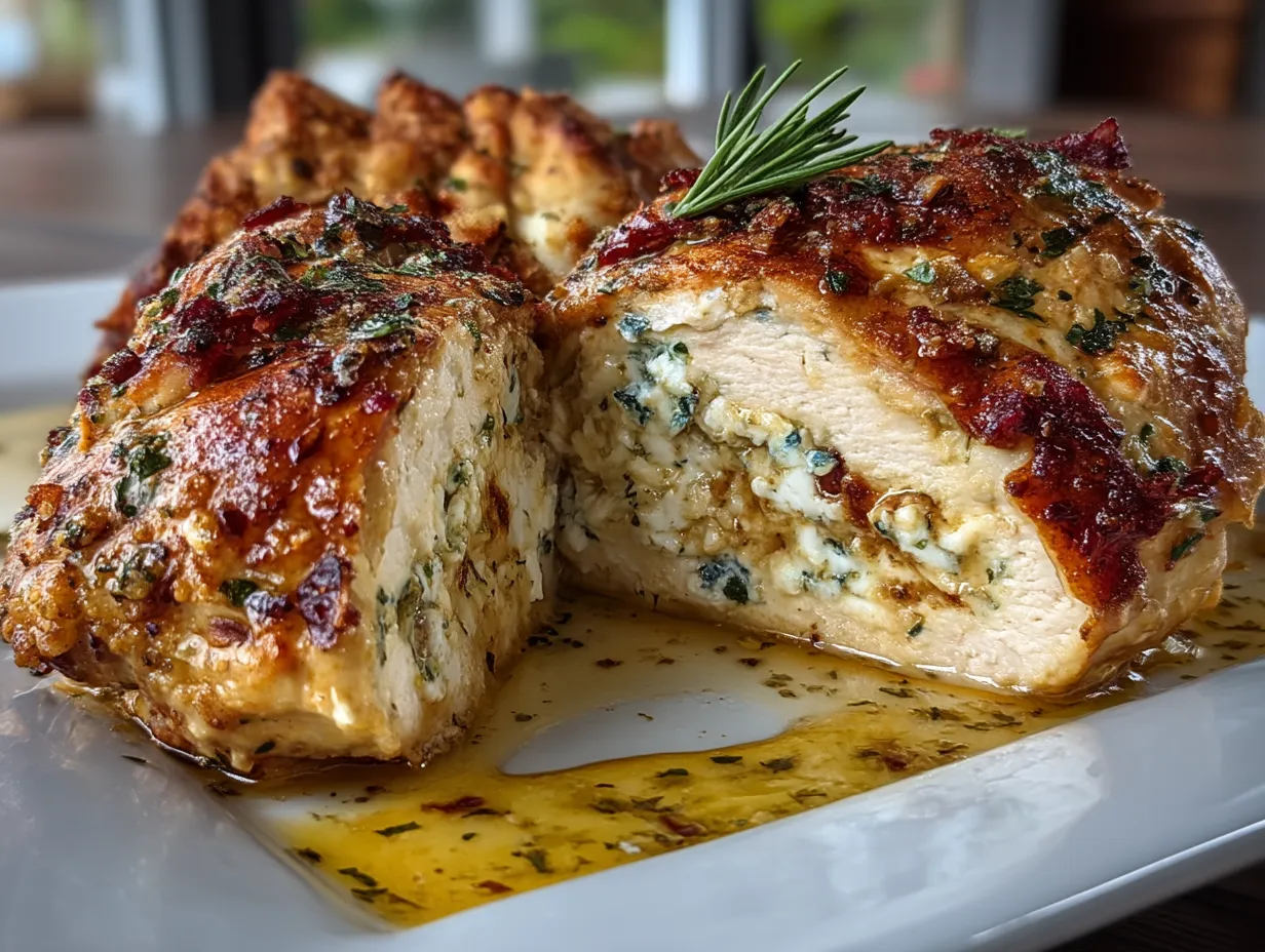 Serving Greek Stuffed Chicken with fresh herbs and Mediterranean sides