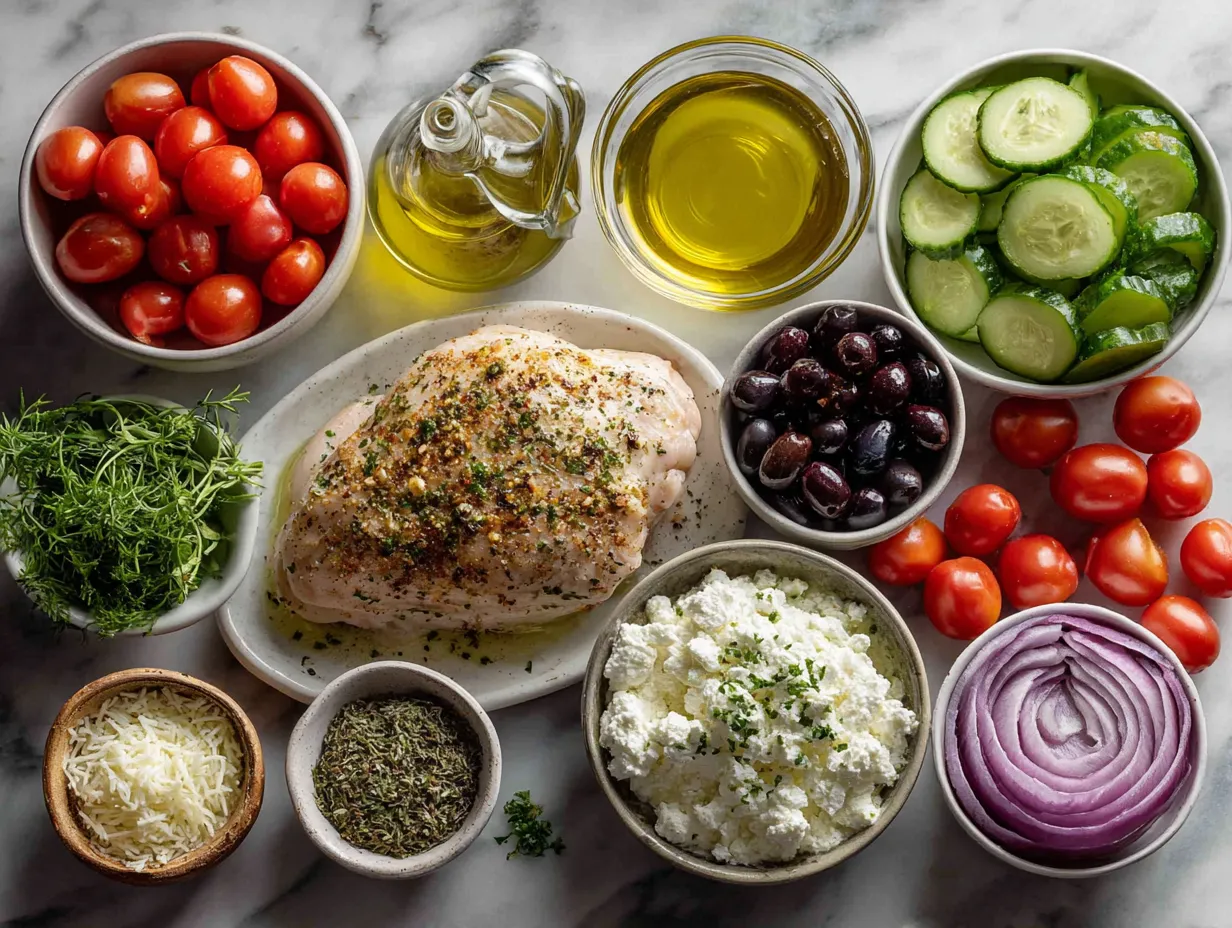 Ingredients for Greek Stuffed Chicken including spinach, feta, chicken breasts, and fresh herbs