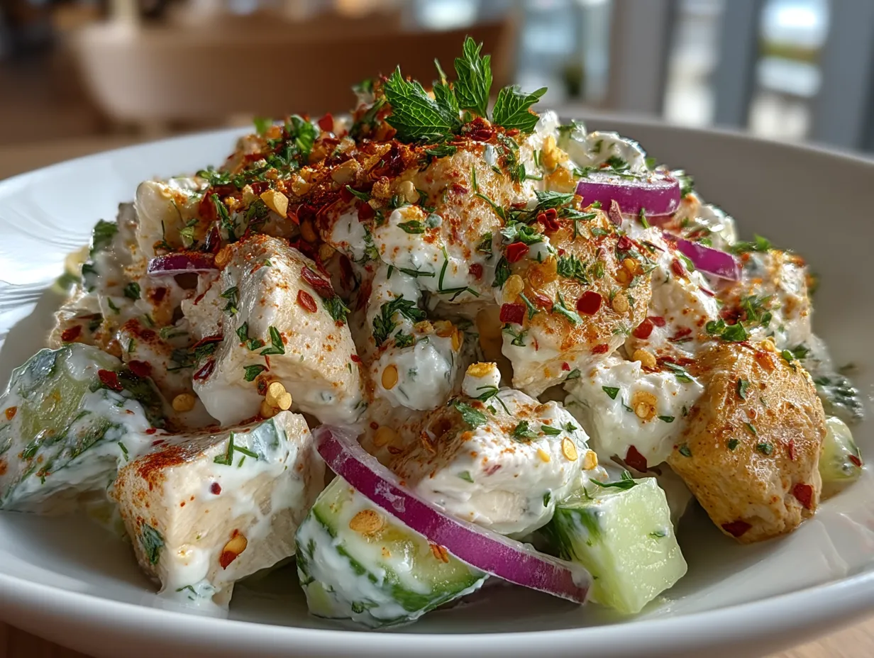 Serving ideas for Greek yogurt chicken salad featuring pita pockets and fresh greens