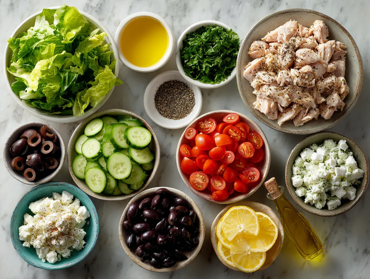 Ingredients for Greek yogurt chicken salad including cooked chicken, Greek yogurt, celery, grapes, and herbs