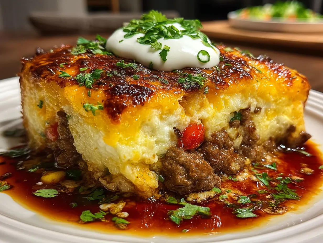 Served Ground Beef and Vegetable Casserole with Cheddar ready to eat
