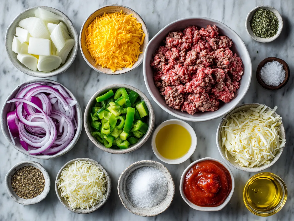 Ingredients for Ground Beef and Vegetable Casserole with Cheddar