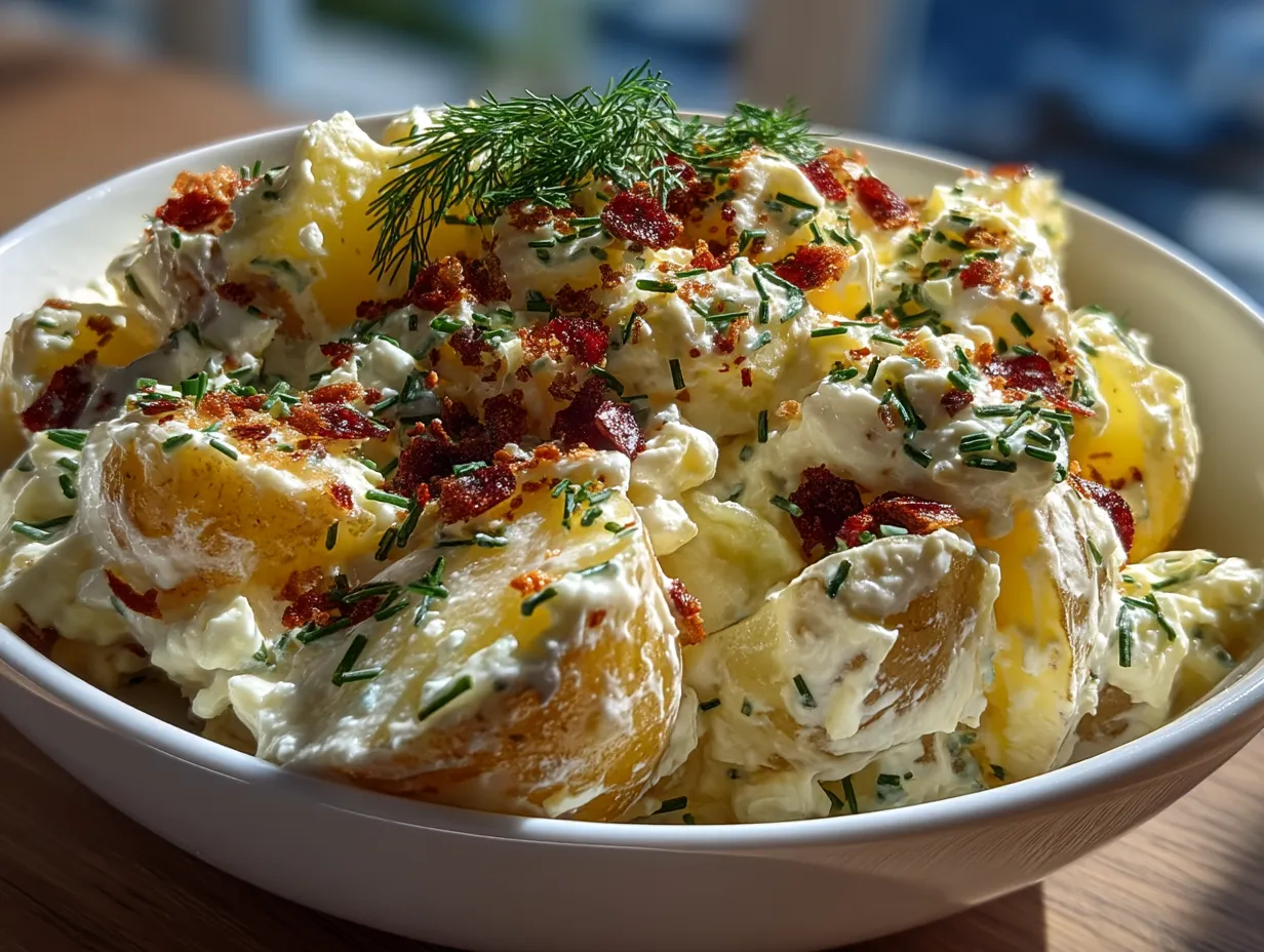 Serving Hellmann’s potato salad in a clear glass bowl garnished with fresh parsley