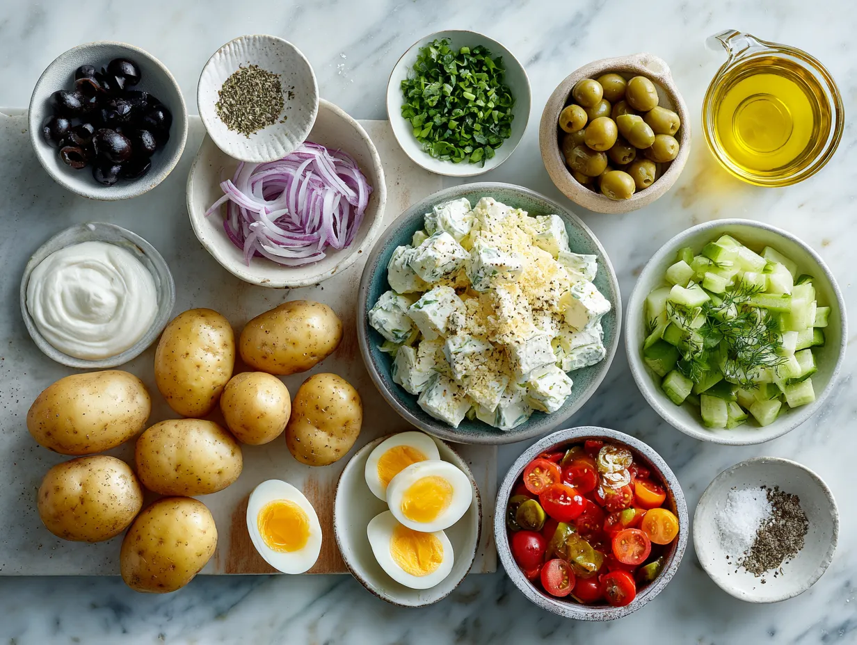 Ingredients for Hellmann’s potato salad including potatoes, mayonnaise, eggs, celery, and onions