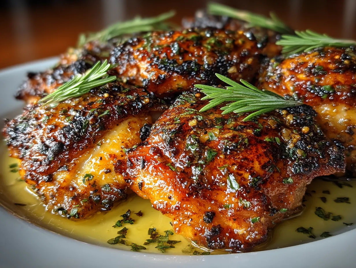 Plated Lemon Pepper Chicken Thighs garnished with lemon wedges and parsley, served with crispy sides