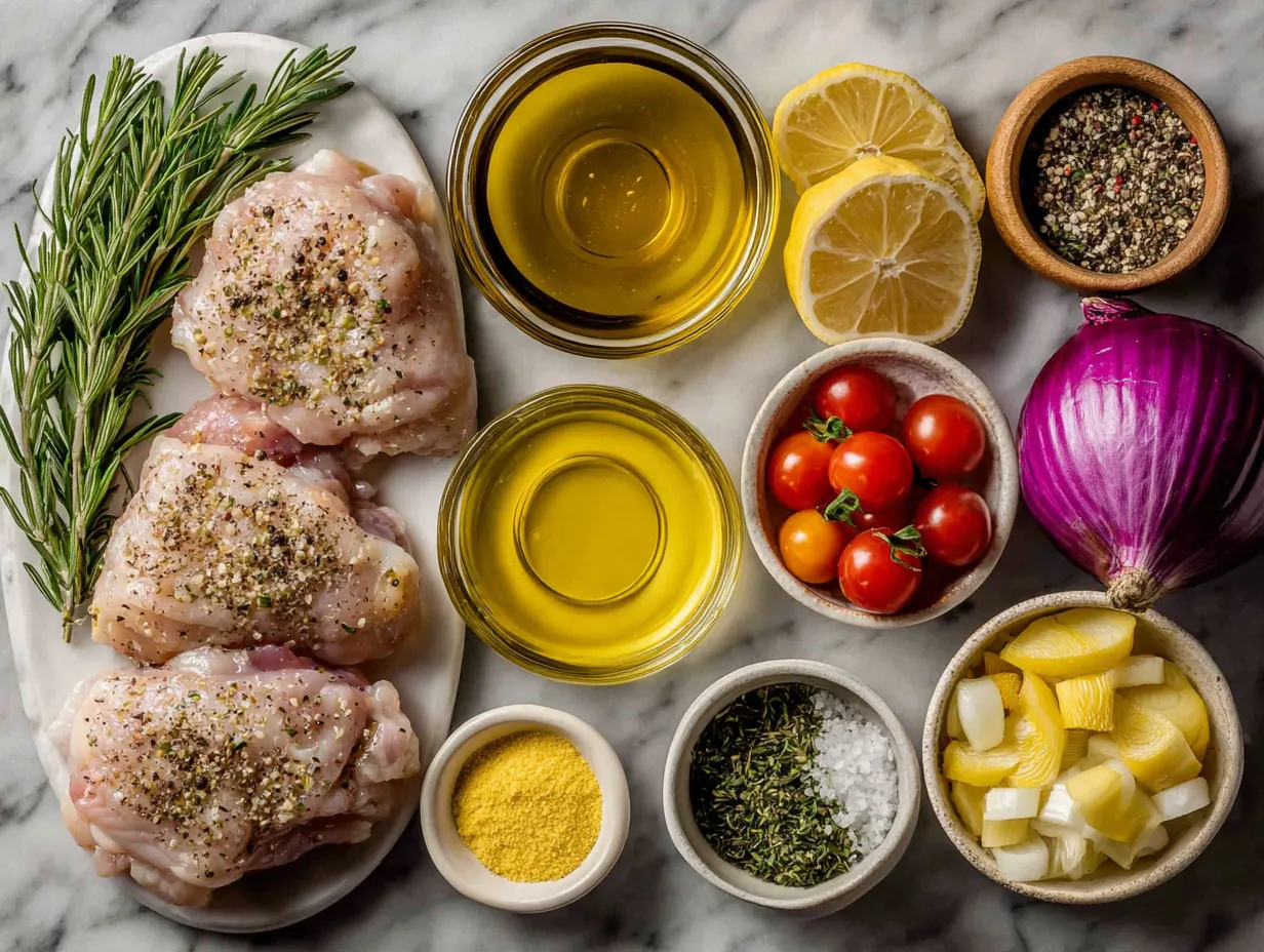 Ingredients for Lemon Pepper Chicken Thighs laid out on a wooden surface