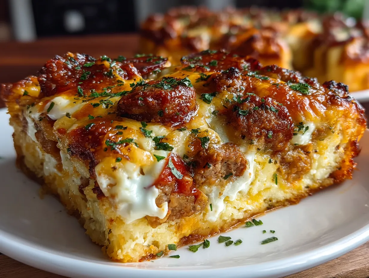 Served Meat Lovers Pizza Casserole garnished with fresh herbs ready to eat