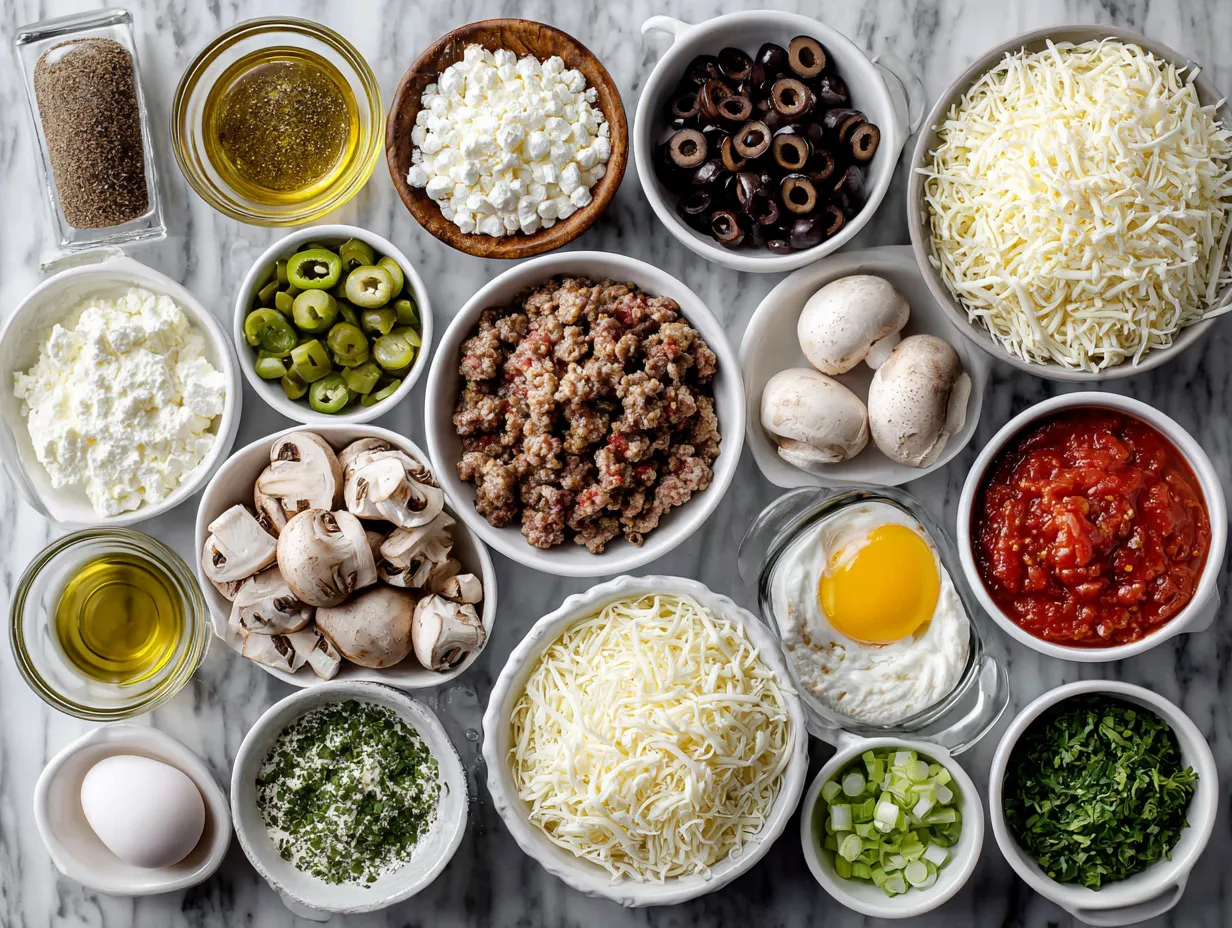 Ingredients including pasta, meats, cheese, and pizza sauce for Meat Lovers Pizza Casserole