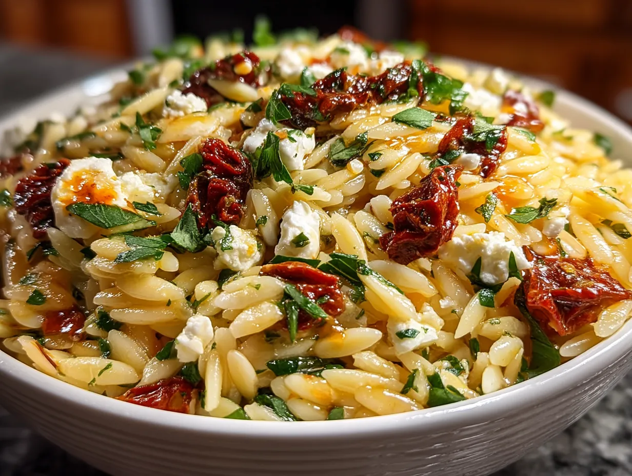 Orzo Pasta Salad with Feta and Sun-Dried Tomatoes served and ready to eat