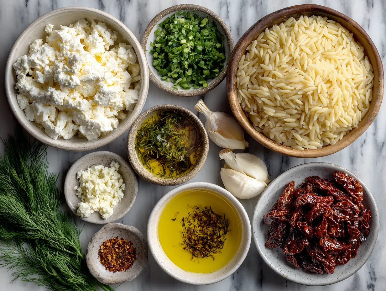 Ingredients for Orzo Pasta Salad with Feta and Sun-Dried Tomatoes