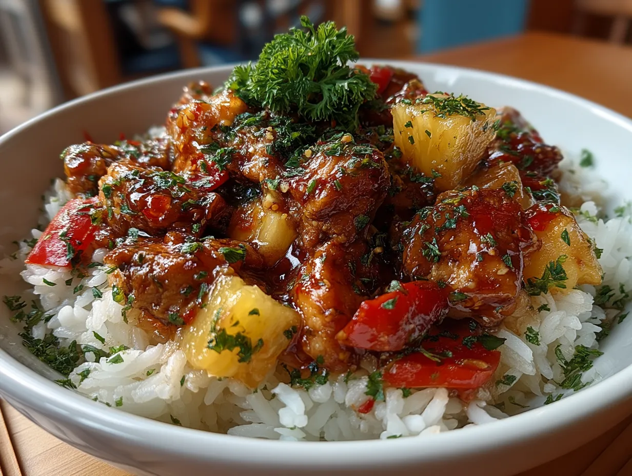 Pineapple Chicken and Rice served on a colorful platter garnished with herbs