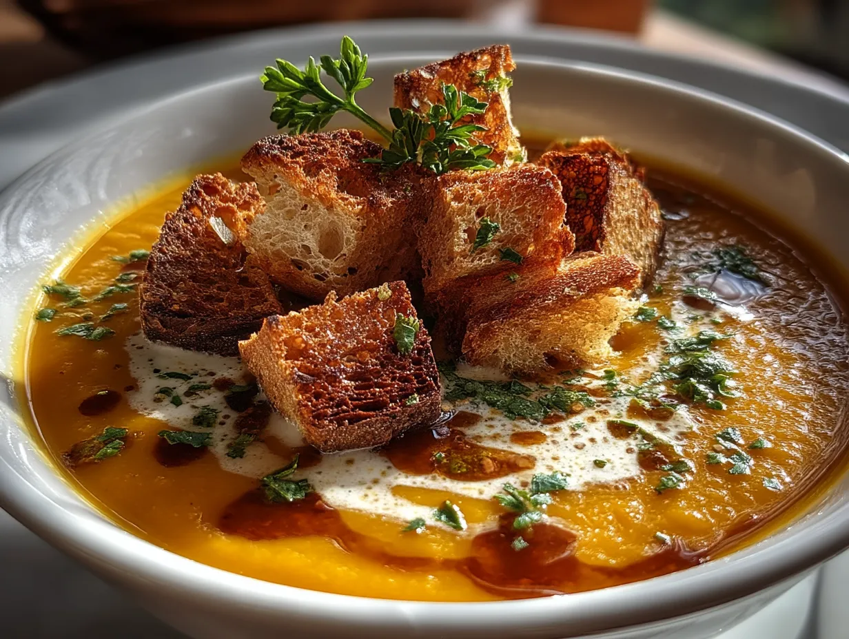 Serving Pumpkin and Butternut Squash Soup with Ginger in bowls with toasted pumpkin seeds