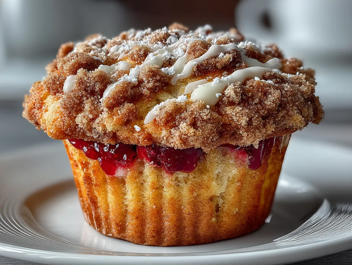 Serving Rhubarb Muffin with Cinnamon Streusel arranged with butter and tea