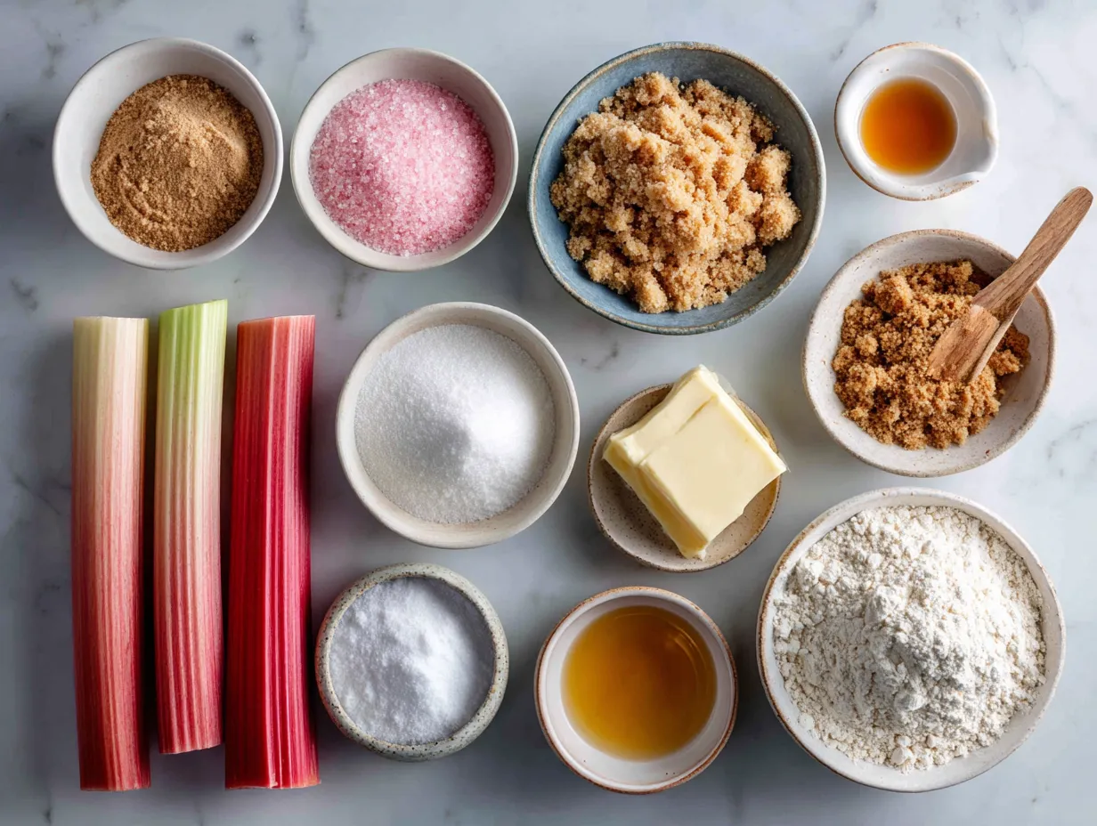 Ingredients for Rhubarb Muffin with Cinnamon Streusel with fresh rhubarb, flour, sugar, cinnamon, and butter